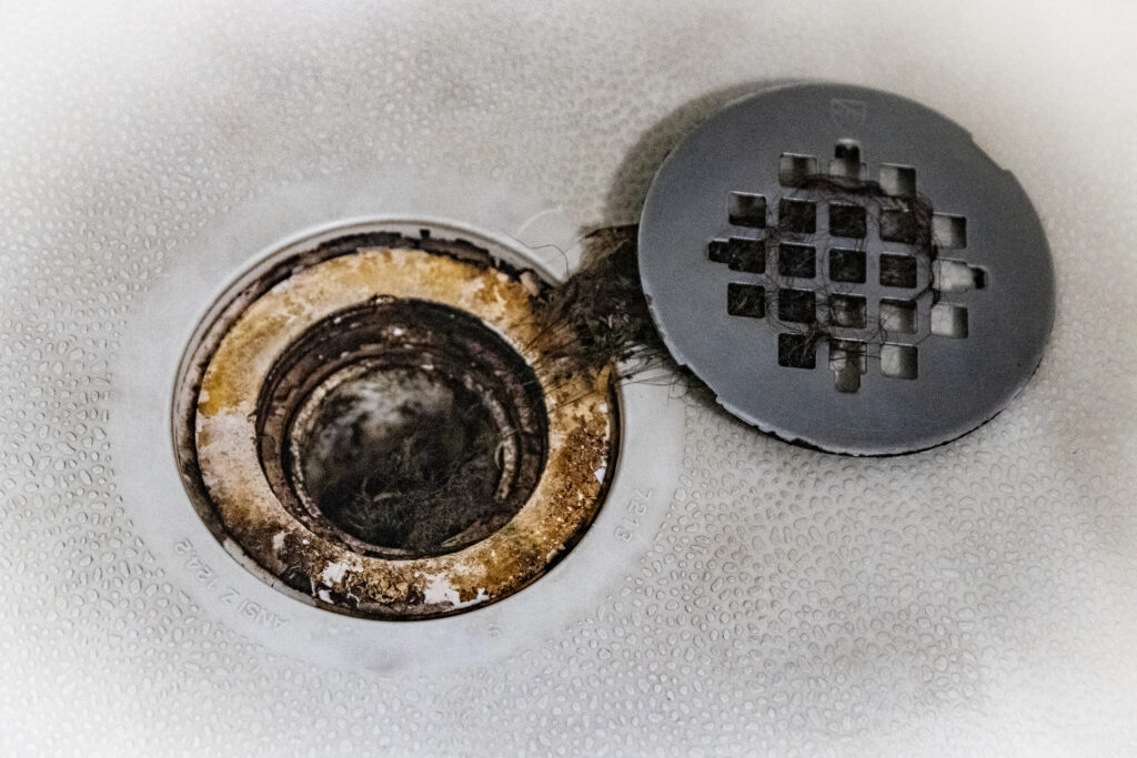 Dirty shower drain clogged with hair